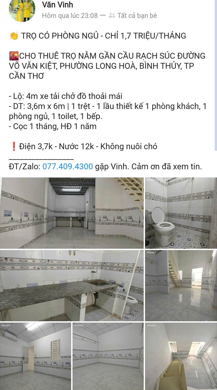 Phòng cho thuê đường Võ Văn Kiệt, Quận Ninh Kiều 900m - Giá chỉ 1,7 triệu/tháng