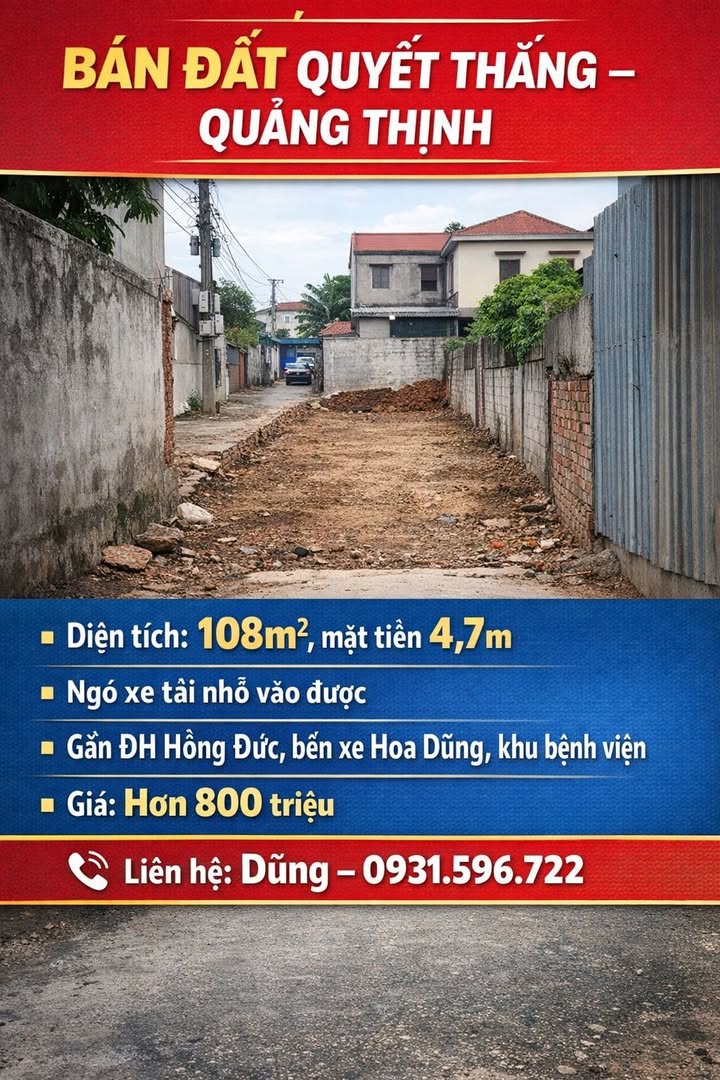 Đất nền Quảng Thịnh 108m² giá 800 triệu - Vị trí đắc địa gần ĐH Hồng Đức!