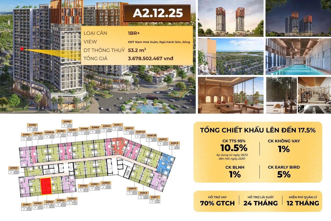 Căn hộ Sun Cora Đà Nẵng 53.2m² giá 3.678 tỷ - Hỗ trợ lãi suất lên đến 24 tháng!