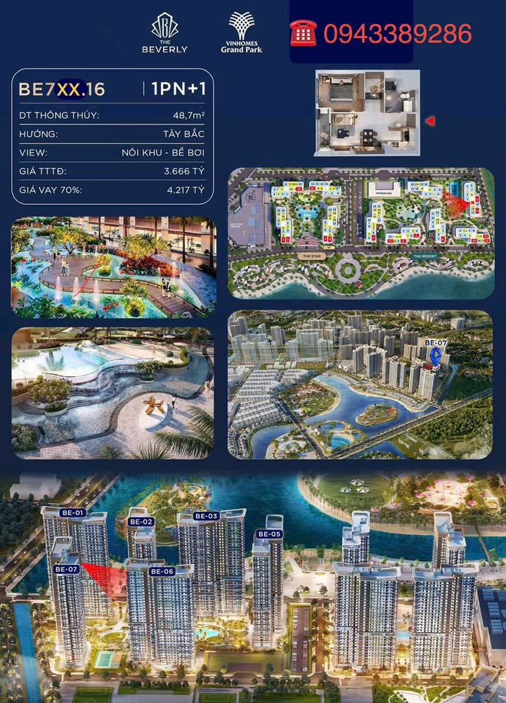 Căn hộ The Beverly Vinhomes Grand Park 53,8m² giá 3,666 tỷ - View hồ bơi nội khu