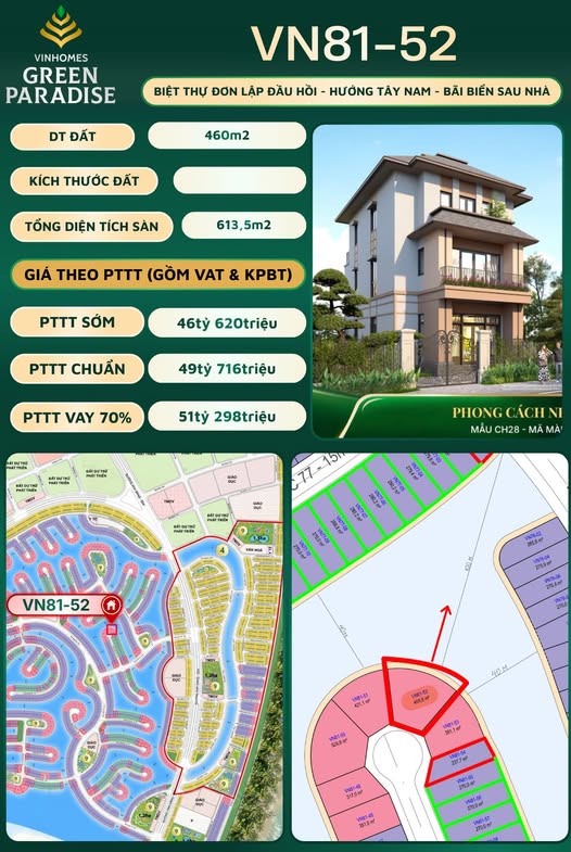Biệt thự đơn lập Vinhomes Green Paradise 460m² giá 46.62 tỷ - Sổ hồng chính chủ!