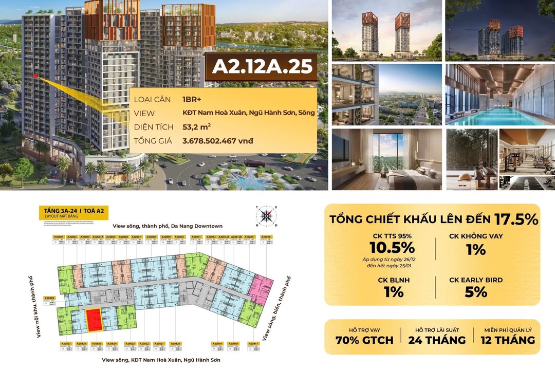 Căn hộ 1PN Cora Tower Đà Nẵng 53.2m² giá tốt - View sông tuyệt đẹp!