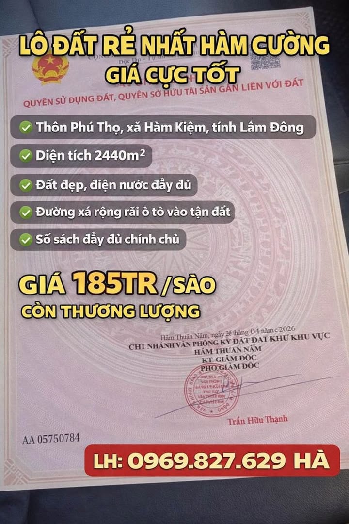 Lô đất thổ cư Thôn Phú Thọ, Xã Hàm Kiệm, 2.440m² giá 451.4 triệu - Cơ hội đầu tư tuyệt vời!