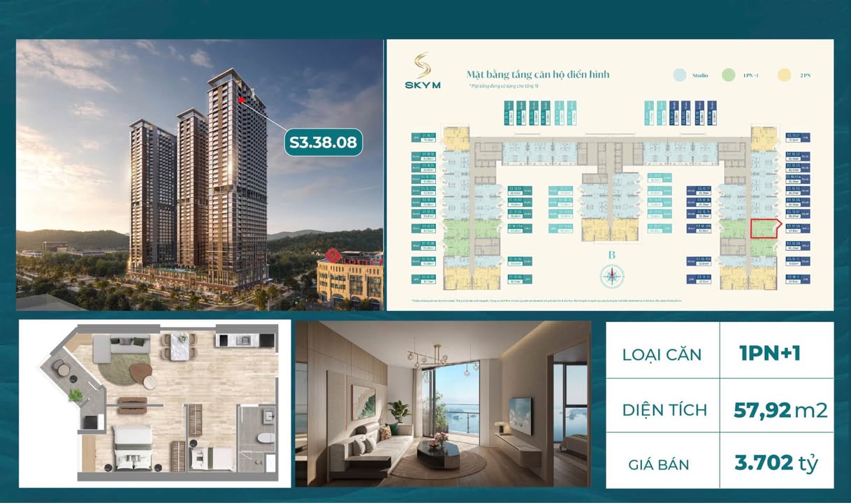 Căn hộ 1PN SKY M Hạ Long 57.92m² giá 3.12 tỷ - Sổ hồng lâu dài!