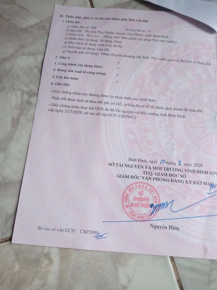 Đất thổ cư trung tâm Thị Trấn Tuy Phước 46m² giá chỉ 520 triệu - Cơ hội đầu tư hấp dẫn!