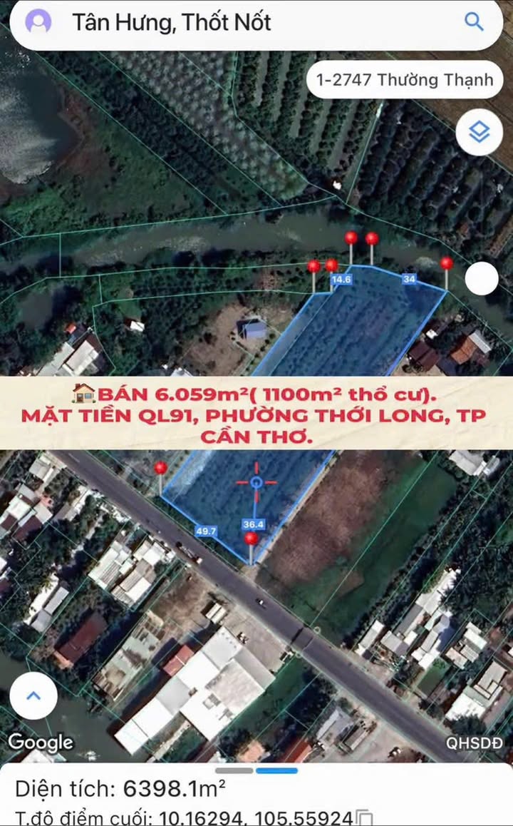 Đất nền mặt tiền QL91, Thới Long, Cần Thơ 6059m² - Pháp lý thổ cư rõ ràng!