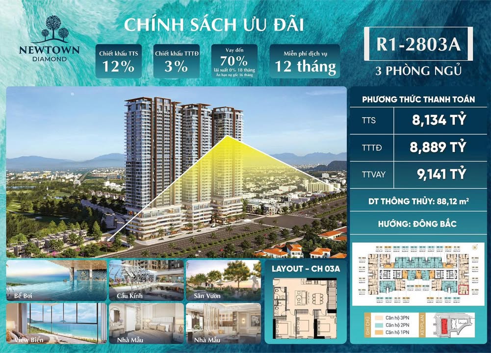 Căn hộ 3PN tầng cao view biển tại Newtown Diamond - Đà Nẵng giá tốt!