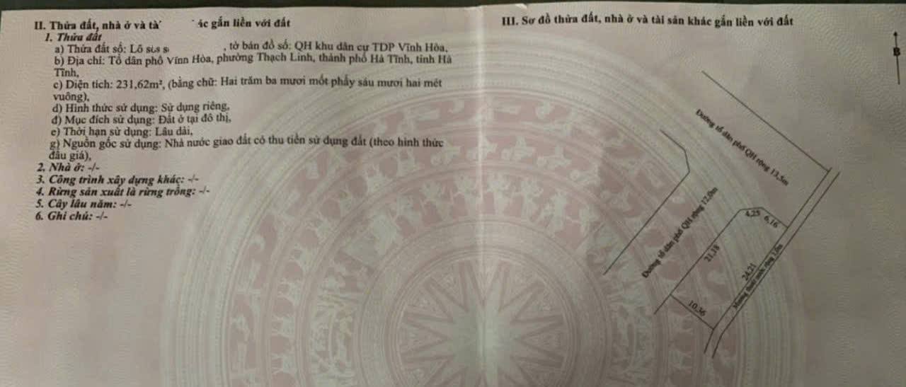 Đất nền TDP Vĩnh Hòa, Thành phố Hà Tĩnh 231,62m² giá 6 tỷ - Lô góc 2 mặt tiền!