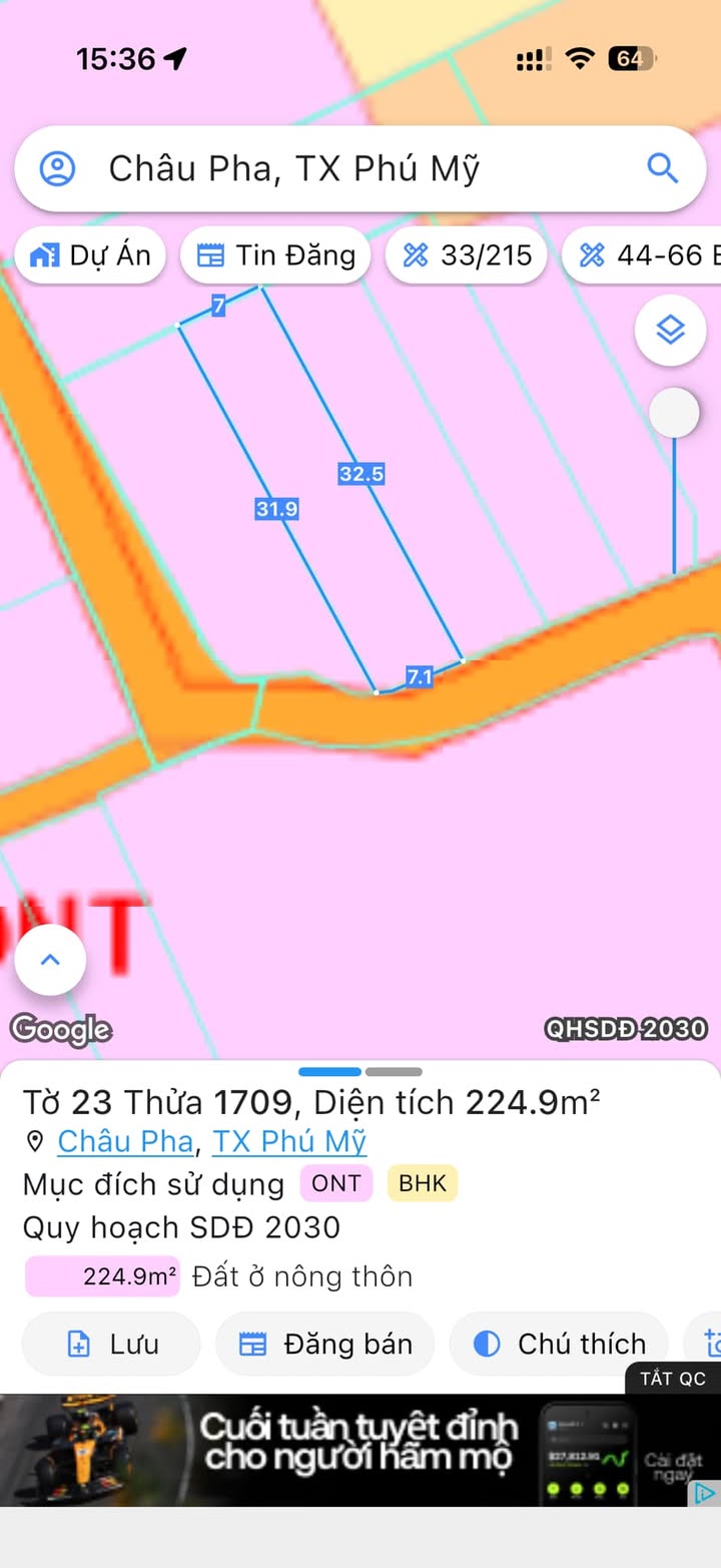 Đất nền Châu Pha, Phú Mỹ 217m² giá 1.35 tỷ - Gần trường THCS Trương Công Định!