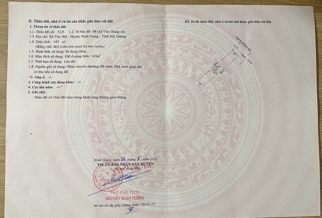 Đất nền mặt đường xã Văn Hội, Ninh Giang - 143m² chỉ 2 tỷ - Cơ hội đầu tư tuyệt vời!