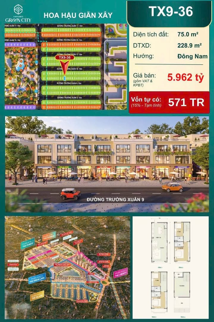 Townhouse Vinhomes Green City 75m² giá 5.9 tỷ - Cơ hội đầu tư hấp dẫn!