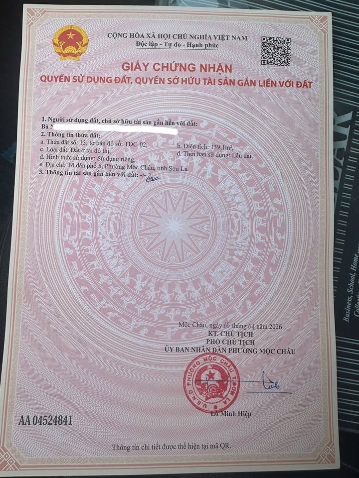 Đất nền huyện Mộc Châu 139m² giá 3 tỷ - Cơ hội đầu tư tuyệt vời!