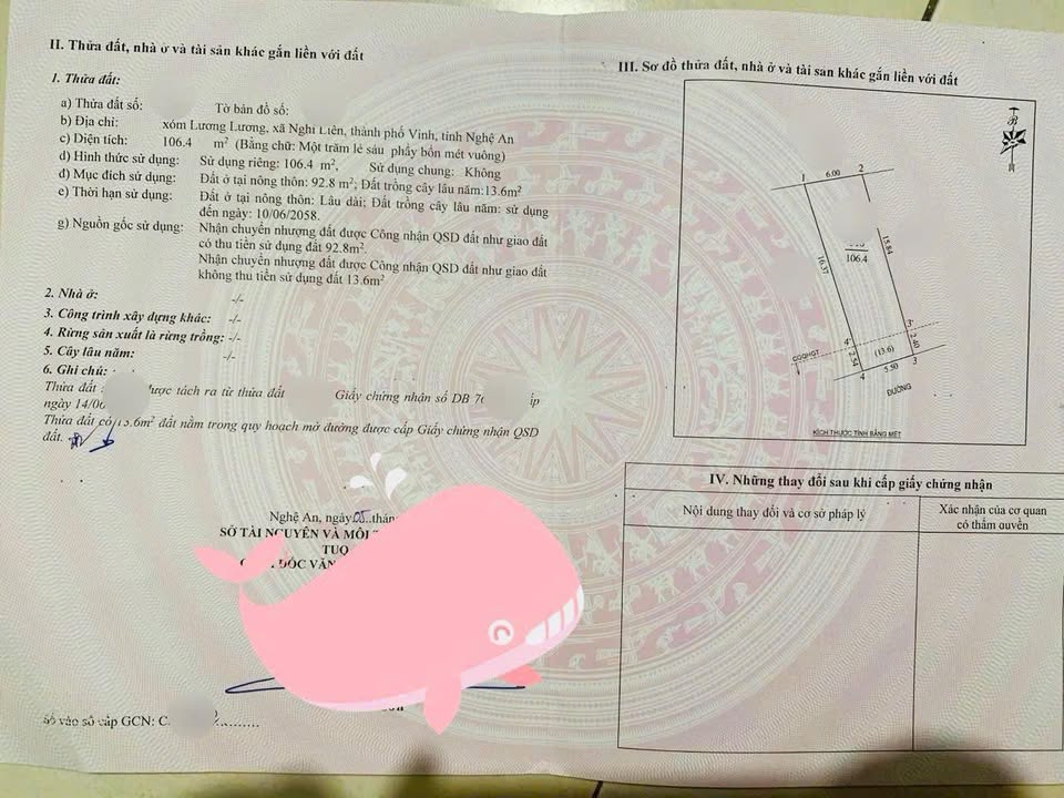 Bán FrontHouse Xã Nghi Liên 106m² giá 1.6 tỷ - Mặt tiền rộng gần 6m