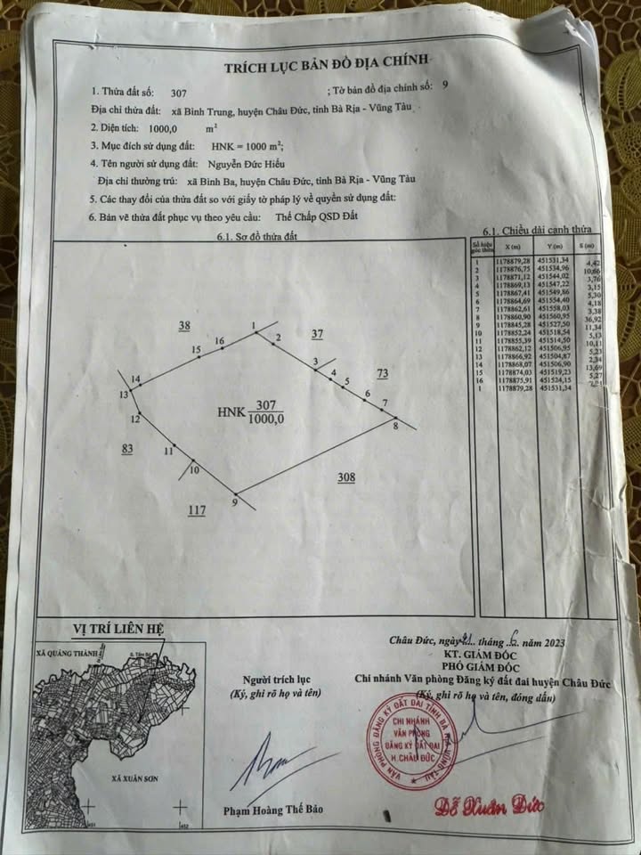 Đất nền 1000m² Xã Bình Trung, Huyện Châu Đức, Giá 880 triệu - Cơ hội đầu tư tuyệt vời!