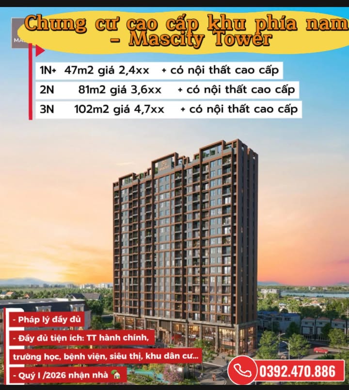 Chung cư cao cấp Mascity Tower Bắc Giang 47m² giá 2.4 tỷ - Sẵn sàng vào ở ngay!