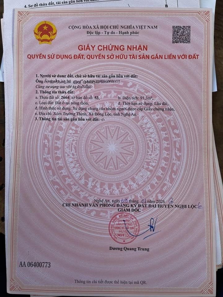 Đất thổ cư 92m² tại xã Thịnh Trường, Nghệ An - Giá tốt, sổ đỏ chính chủ!