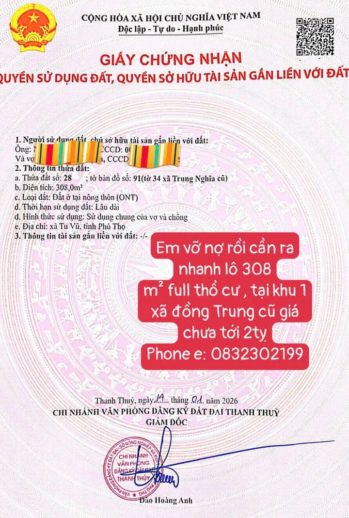 Đất thổ cư Khu 1 Đồng Trung, Thanh Thuỷ 308m² giá tốt - Cần bán gấp!