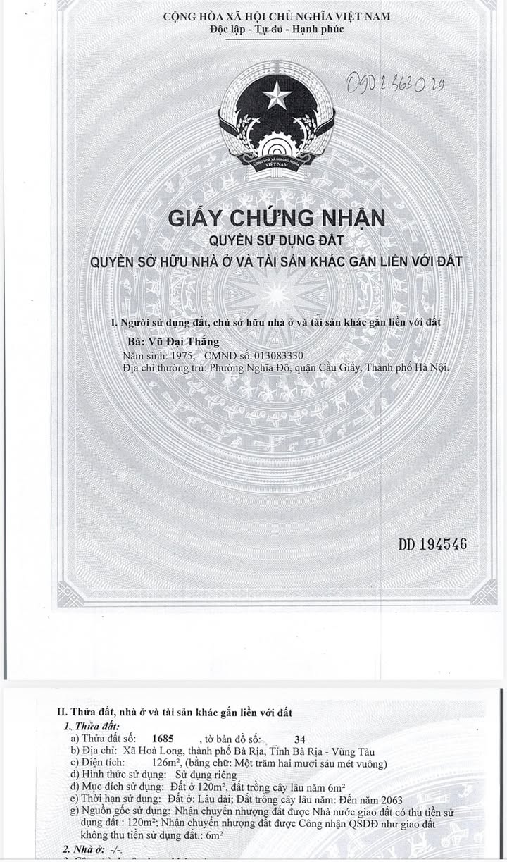 Đất nền xã Hòa Long, TP. Bà Rịa 120m² giá 2.8 tỷ - Sổ hồng chính chủ!