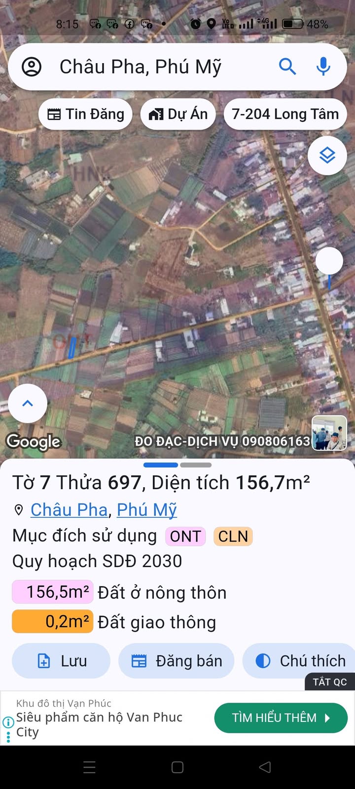 Đất nền Xã Châu Pha, Phú Mỹ 157m² giá 1.05 tỷ - Đường bê tông rộng 6m