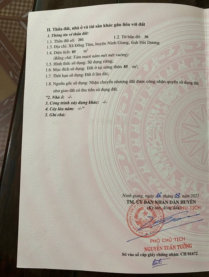 Đất thổ cư Xã Đồng Tâm 85m² giá 2 tỷ - Mặt tiền 5m, ô tô tránh nhau!