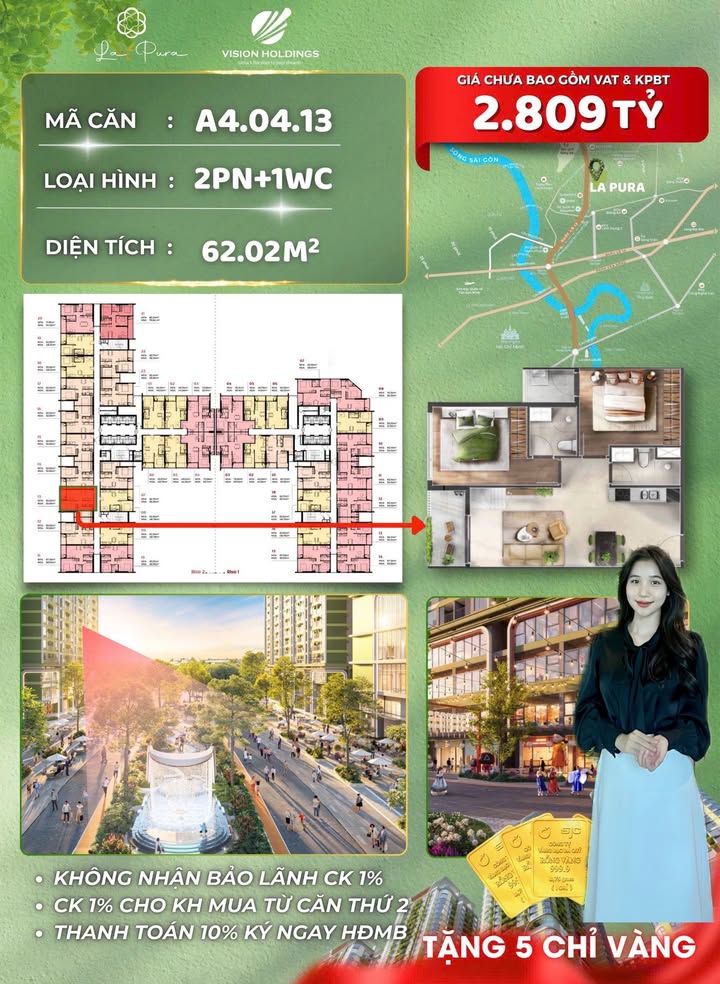 Căn hộ La Pura Thủ Đức 62m² giá 2.809 tỷ - Tầng thấp view đẹp!