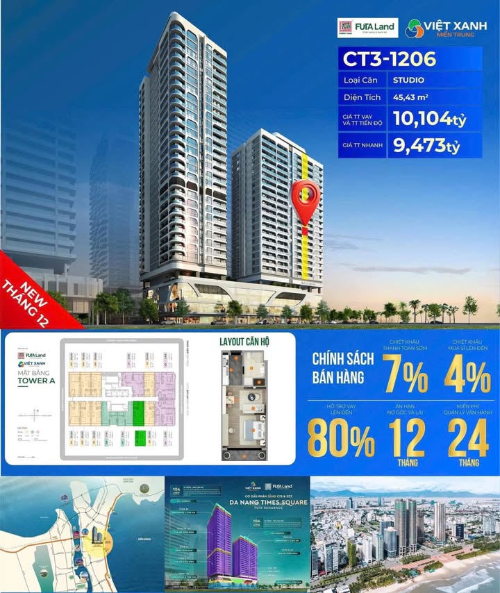 Condotel Đà Nẵng Times Square CT3-1206 | Căn hộ studio 45m² giá chỉ 9.473 tỷ - Sở hữu ngay tại trung tâm mặt biển Mỹ Khê