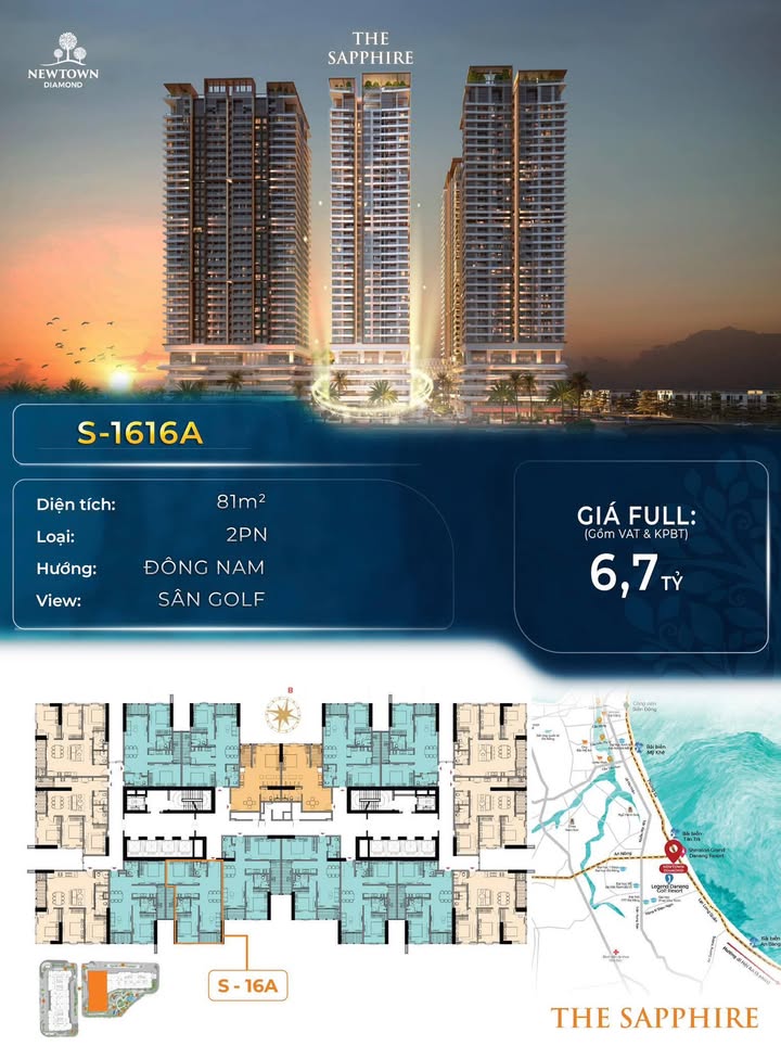 Căn hộ 81m² tại The Sapphire Đà Nẵng giá 6,7 tỷ - Hướng Đông Nam tuyệt đẹp!