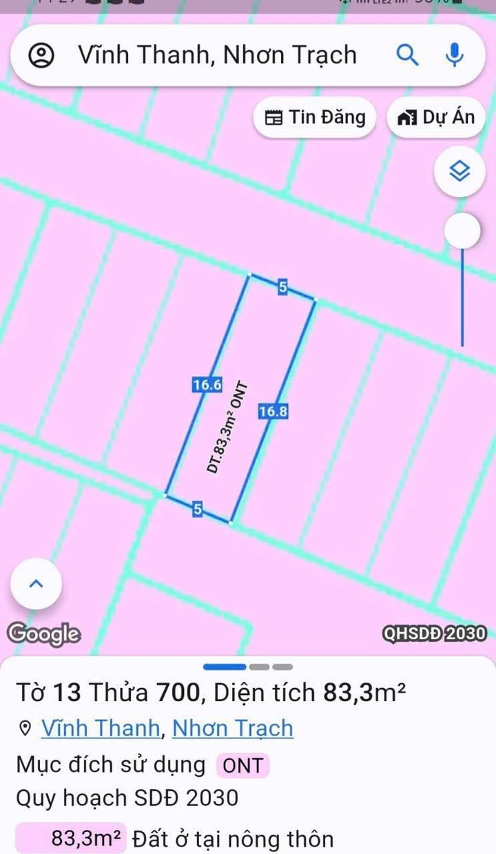 Đất thổ cư 83m² tại Xã Vĩnh Thanh, Huyện Nhơn Trạch - Giá chỉ 1.5 tỷ VND