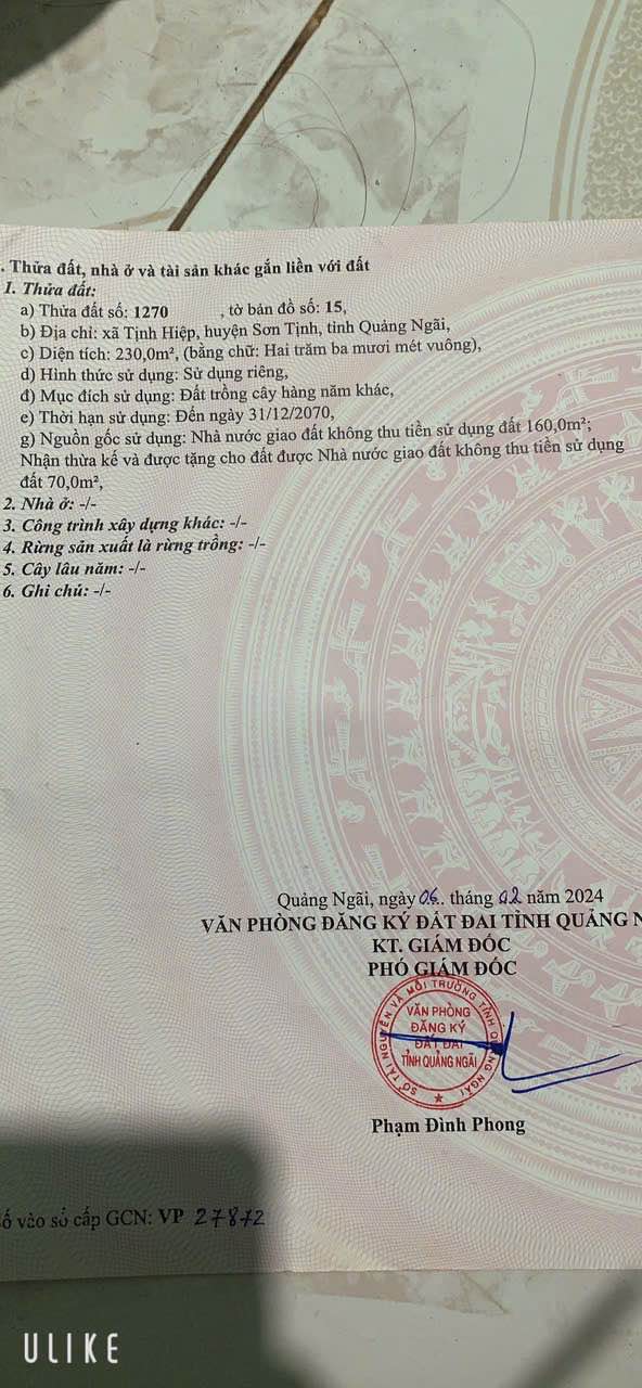 Đất vườn 230m² - Xã Tịnh Hiệp, Huyện Sơn Tịnh, Quảng Ngãi - Tiềm năng đầu tư hấp dẫn!