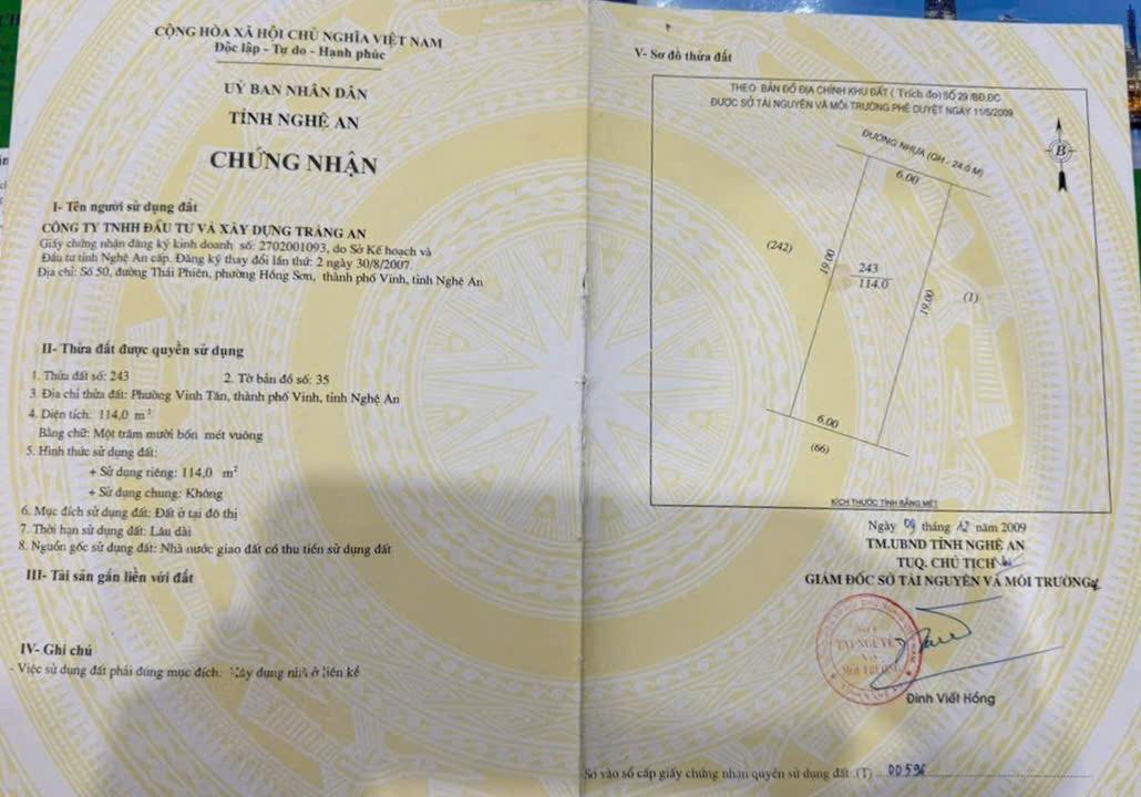 Đất nền mặt đường Lê Bá Tùng TP Vinh 114m² giá 8 tỷ - Vị trí đẹp hiếm có!