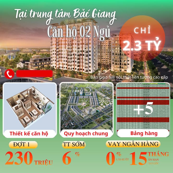 Chung cư 2 phòng ngủ tại Bắc Giang 55m² giá 2.3 tỷ - Full nội thất cao cấp!
