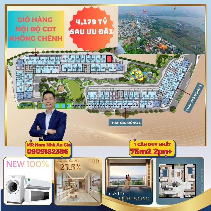 Căn hộ Tháp Gió Nam Dĩ An 75m² giá thỏa thuận - Căn góc view sông đẹp mắt!