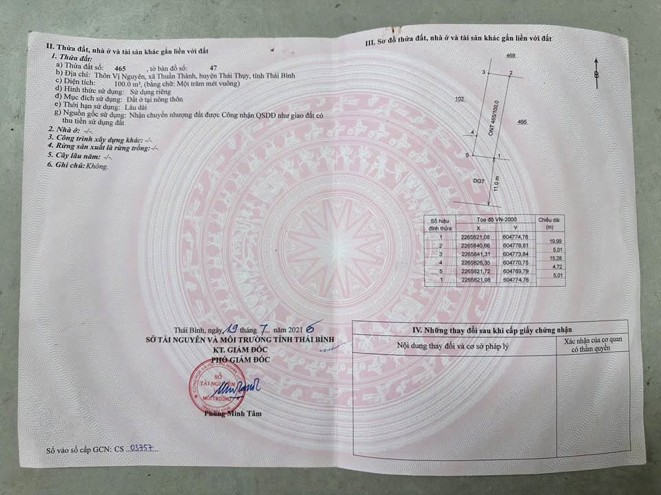 Đất thổ cư Thôn Vị Nguyên, Nam Thái Ninh, 100m² - Sổ đỏ chính chủ!