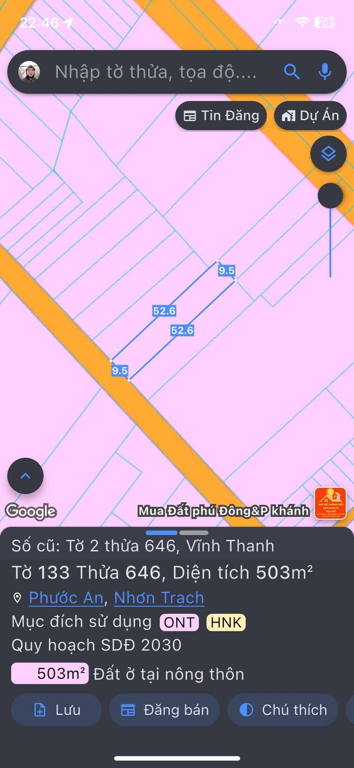 Đất nền 503m² tại Vĩnh Thanh, Nhơn Trạch - Giá chỉ 5.533 tỷ, chính chủ!