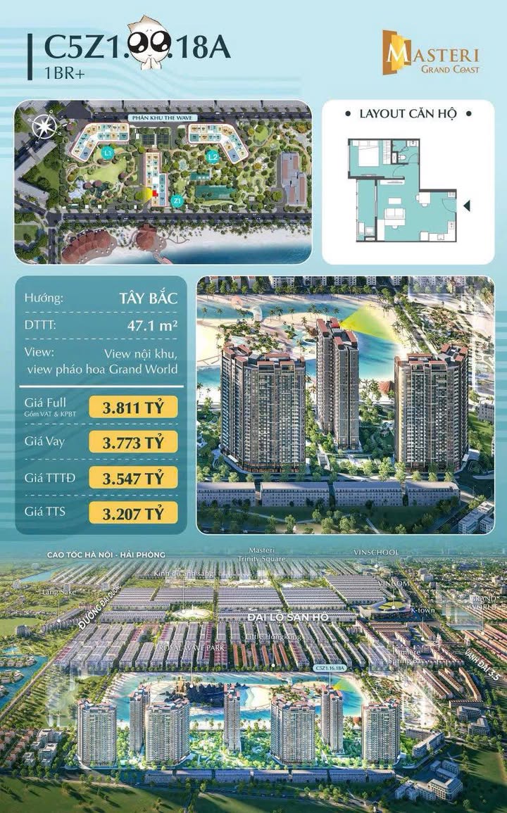 Căn hộ Grand World Bắc Ninh 47.1m² giá 3.207 tỷ - Ngắm pháo hoa lung linh mỗi đêm!
