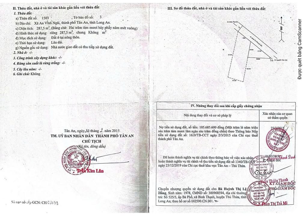 Đất nền xã An Vĩnh Ngãi, TP. Tân An 287,5m² giá 1,98 tỷ - Cơ hội đầu tư hấp dẫn!