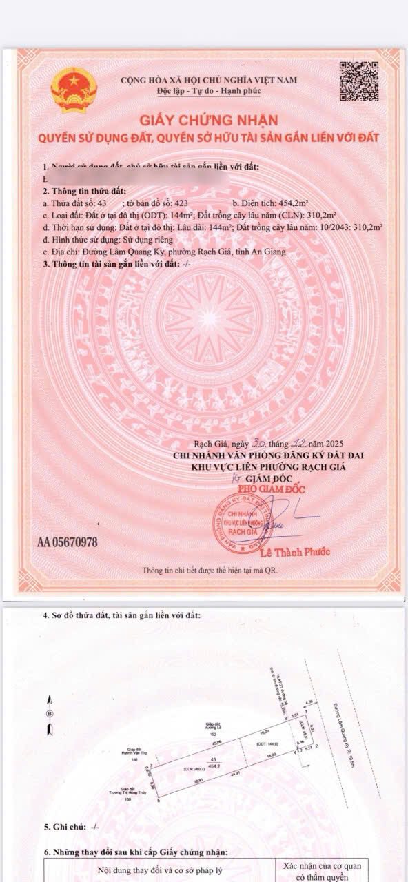 Bán Đất mặt tiền Lâm Quang Ky, Rạch Giá 454,2m² giá 6 tỷ - Cơ hội đầu tư tuyệt vời!