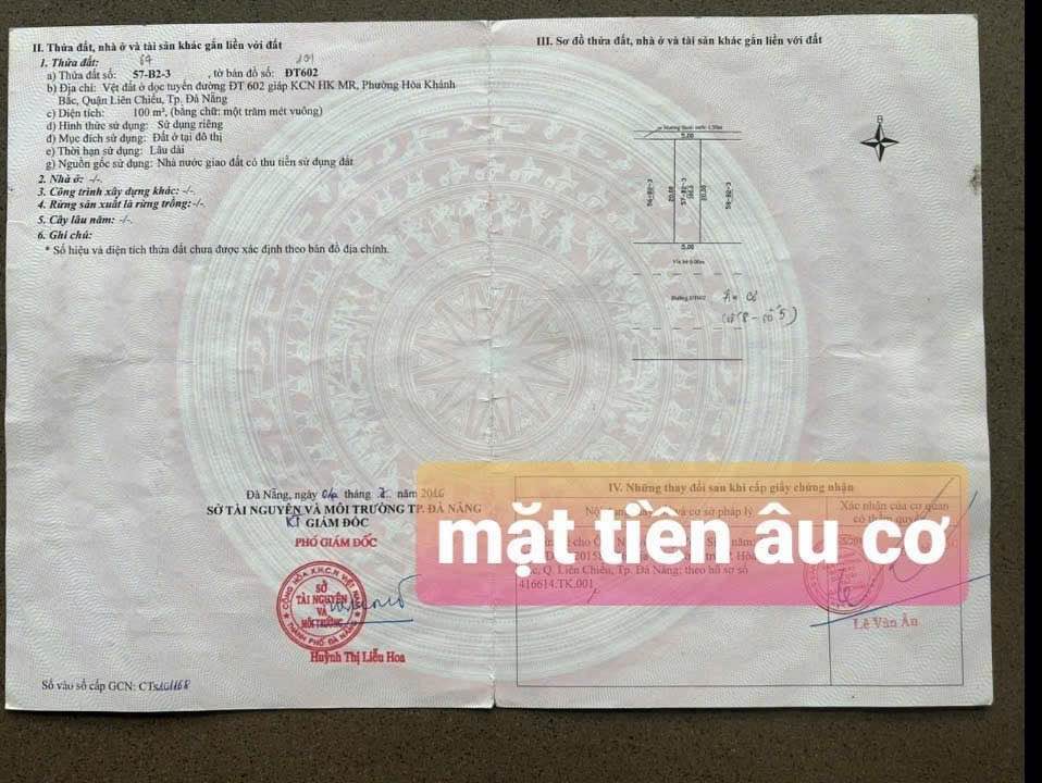 Bán đất mặt tiền Âu Cơ, Quận Liên Chiểu, Đà Nẵng 100m² - Vị trí kinh doanh đắc địa, giá 5.4 tỷ VND