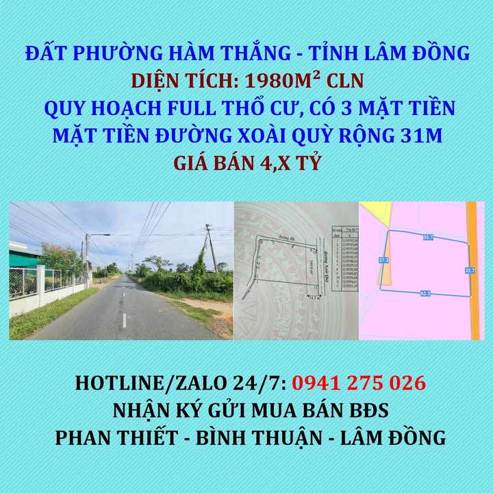 Đất thổ cư 1980m² mặt tiền đường Xoài Quỳ, Hàm Thắng - Cơ hội đầu tư tuyệt vời!
