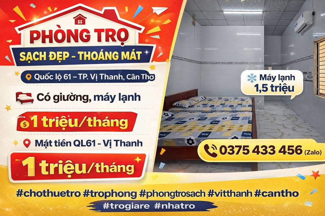 Phòng trọ sạch đẹp tại Quốc lộ 61, Vị Thanh chỉ 1 triệu/tháng - Không gian thoáng mát!