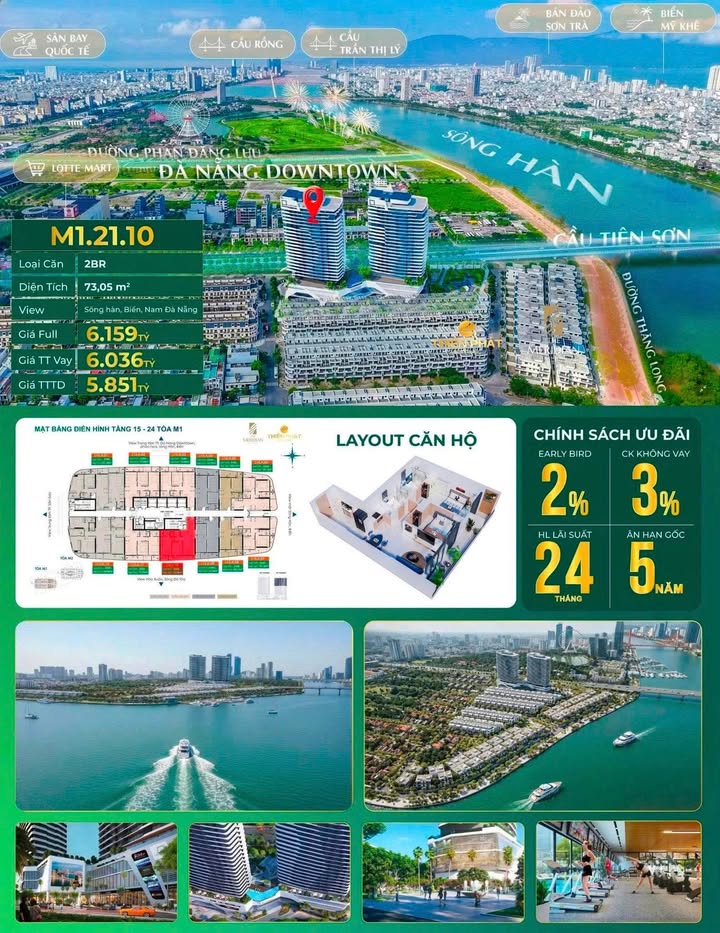 Căn hộ 2PN M1.21.10 Đà Nẵng 73m² giá 5.851 tỷ - View sông Hàn và biển