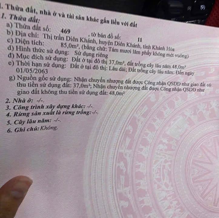 Lô đất Thị Trấn Diên Khánh 85m² giá 750 triệu - Sổ đỏ chính chủ