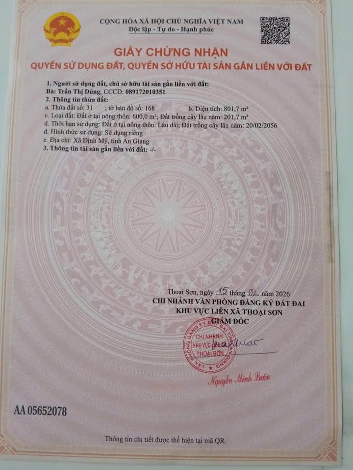 Đất nền 600m² Thoại Giang, An Giang giá chỉ 1 tỷ - Đường ô tô tới nơi!