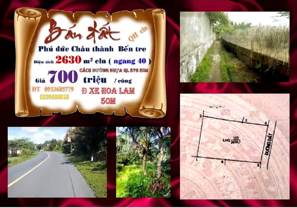 Đất Phú Đức, Châu Thành, Bến Tre 2630m² giá 1.841 tỷ - Cơ hội đầu tư tuyệt vời!