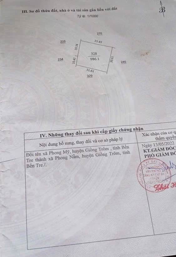 Đất thổ cư 100m² tại Phong Mỹ, Giồng Trôm, Bến Tre 986m² - Giá chỉ 430 triệu!