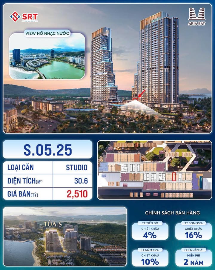 Căn hộ Studio ARIA BAY (Tòa S) 30.6m² giá 2.51 tỷ - View hồ nhạc nước tuyệt đẹp!