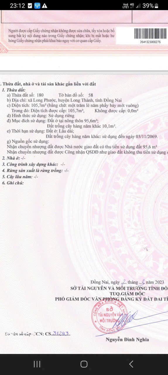 Đất nền Long Phước, Long Thành 105,7m² giá 1,65 tỷ - Cơ hội đầu tư hấp dẫn!