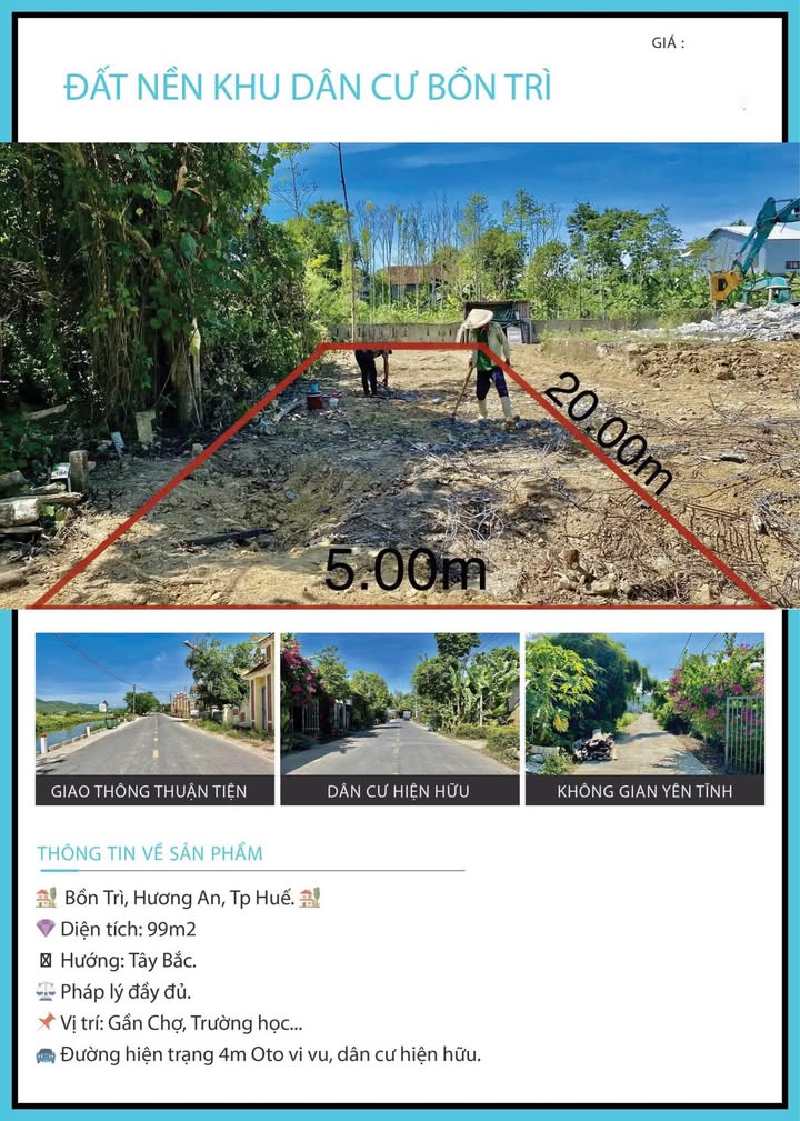 Đất kiệt ô tô Bổn Trì, Hương An, TP Huế 99m² - Sổ hồng riêng, giá thương lượng!