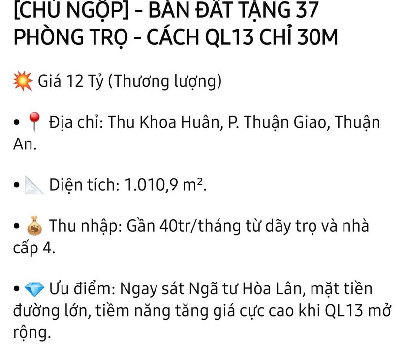 Đất nền Thuận Giao 1010,9m² giá 12 tỷ - Sát QL13, tiềm năng tăng giá cao!