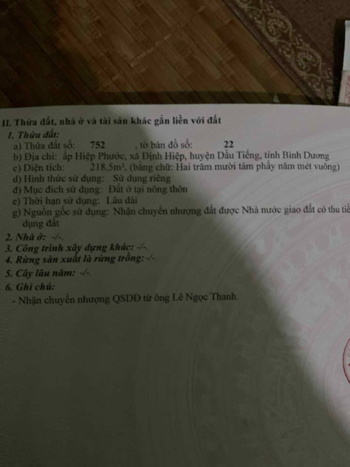 Đất nền chính chủ 218,5m² tại Dầu Tiếng, Bình Dương - Giá thỏa thuận, pháp lý rõ ràng